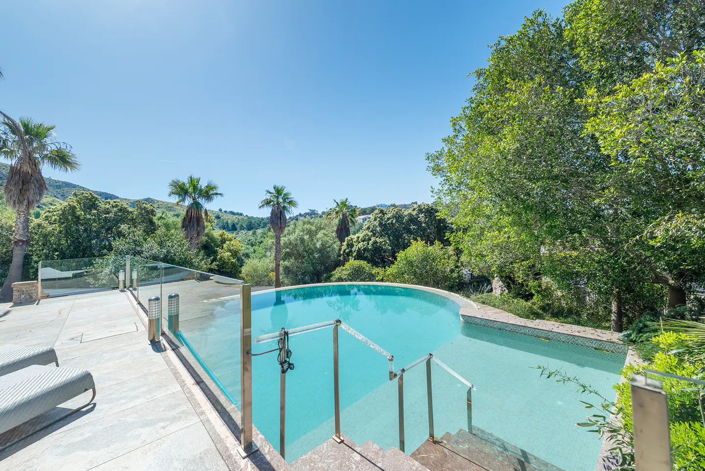 Outdoor pool with clear blue water, surrounded by lush green trees and palm trees under a clear blue sky.