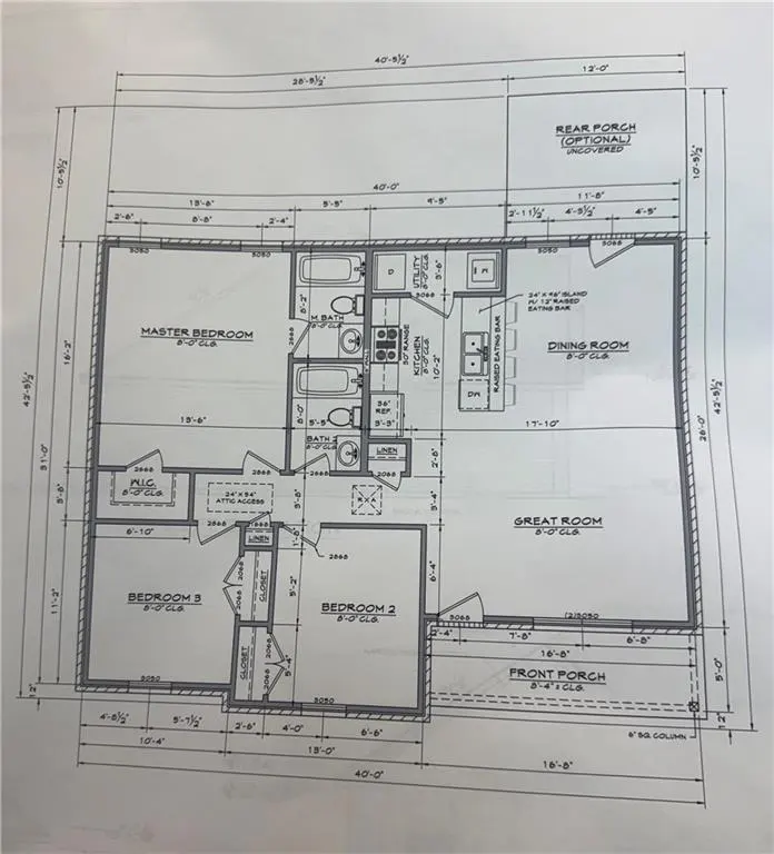 Blueprint of a house with dimensions, including a master bedroom, two other bedrooms, a kitchen, and a great room.