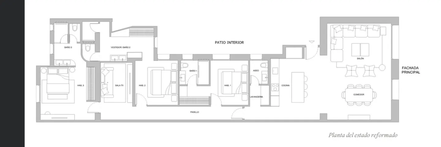 Floor plan of a modern apartment with three bedrooms, two bathrooms, a kitchen, a living room, and a dining room.
