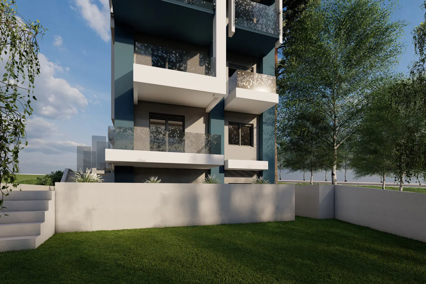 Modern blue and white apartment building with glass balconies, green lawn, and trees under a blue sky.