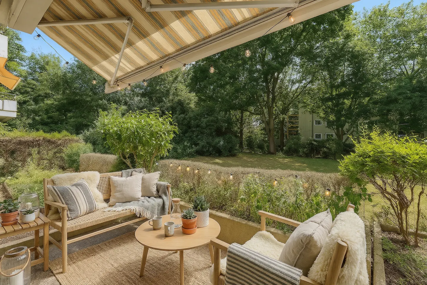Outdoor patio with a striped awning, string lights, and a seating area with a wooden bench, chairs, and a round table. Green trees in the background.