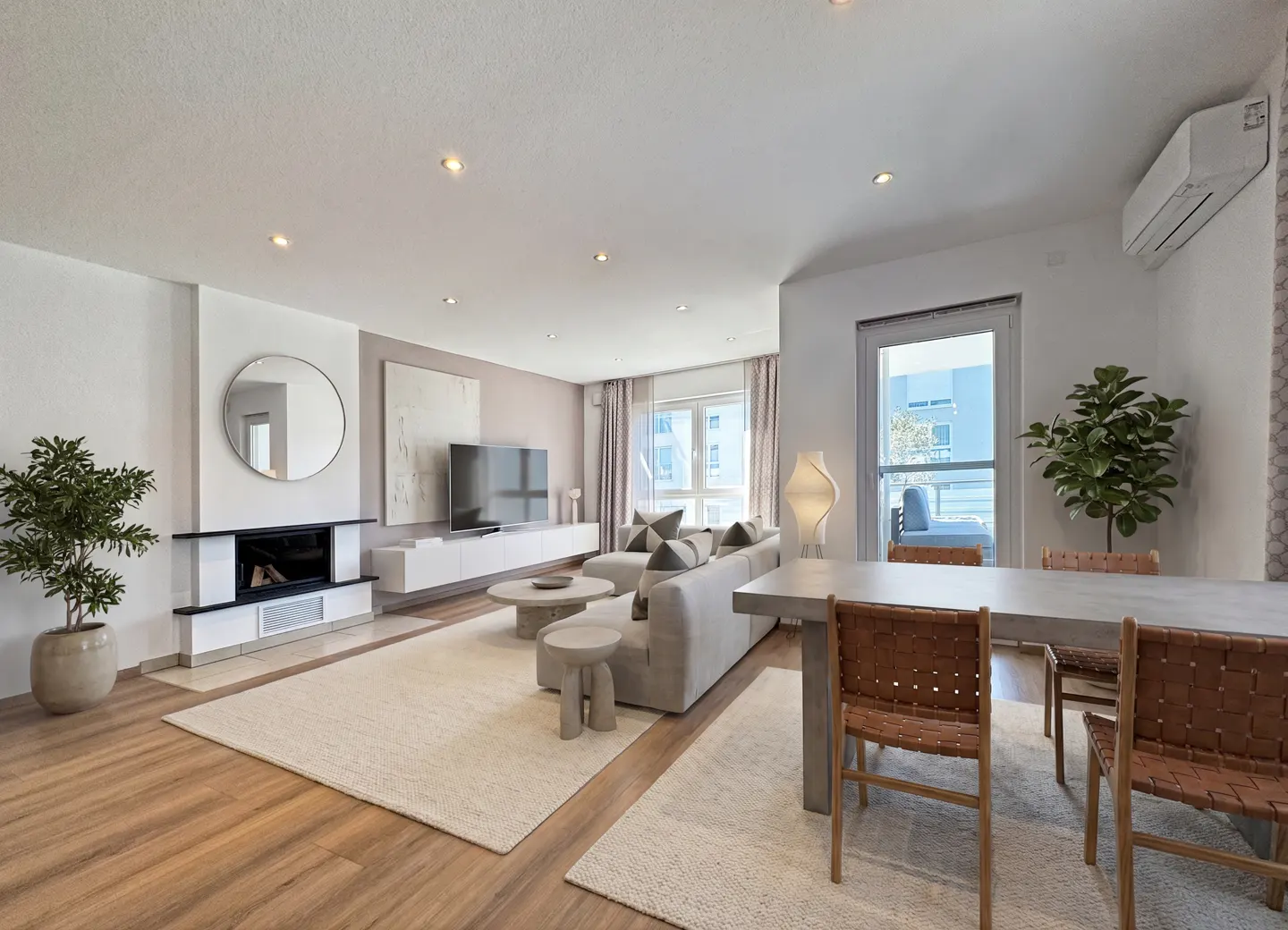 Bright, open-concept living and dining area with wood floors, fireplace, and modern furniture. A large window provides natural light.