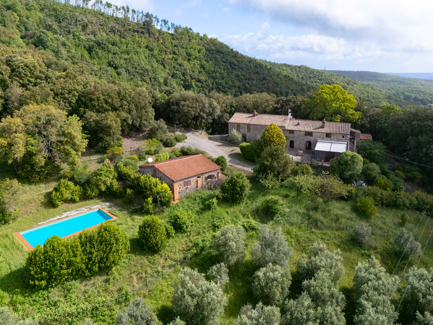 Aerial view of a stone house with a red tile roof, a pool, and lush green trees.
