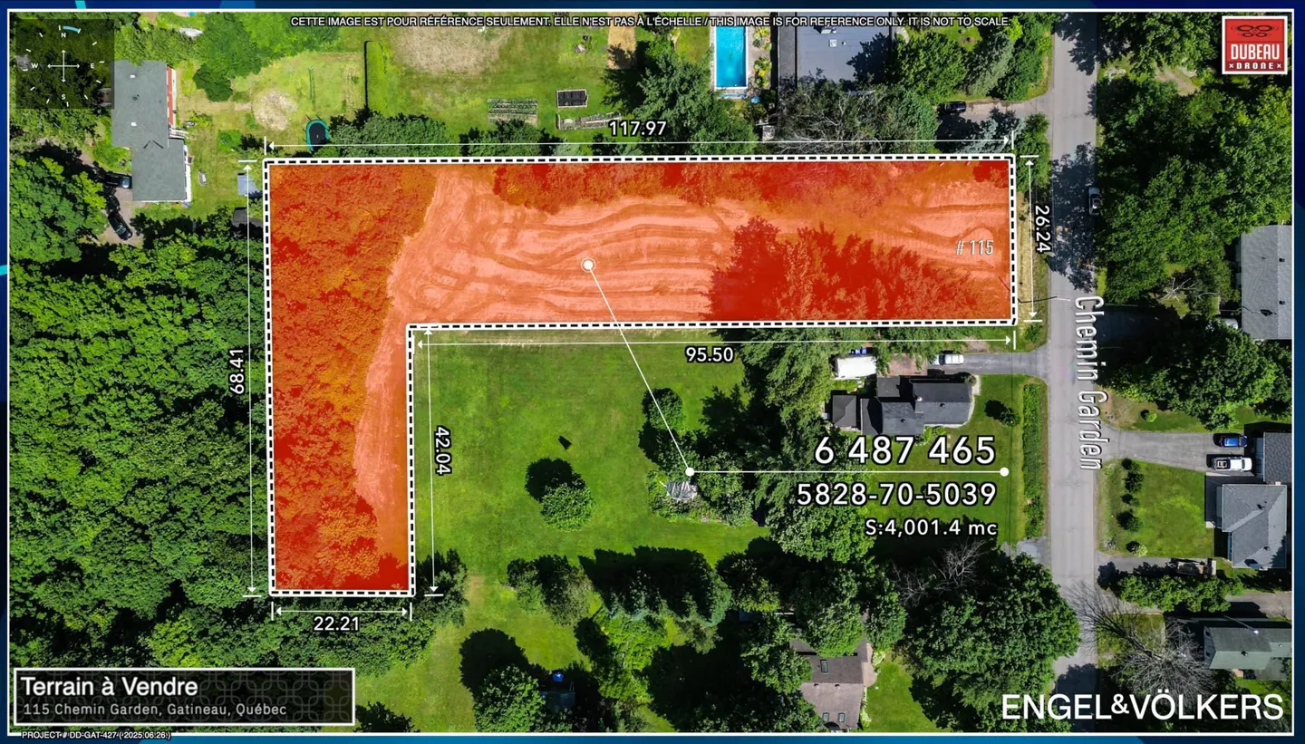 Aerial view of a vacant L-shaped lot in Gatineau, highlighted in red, with property dimensions and real estate branding.