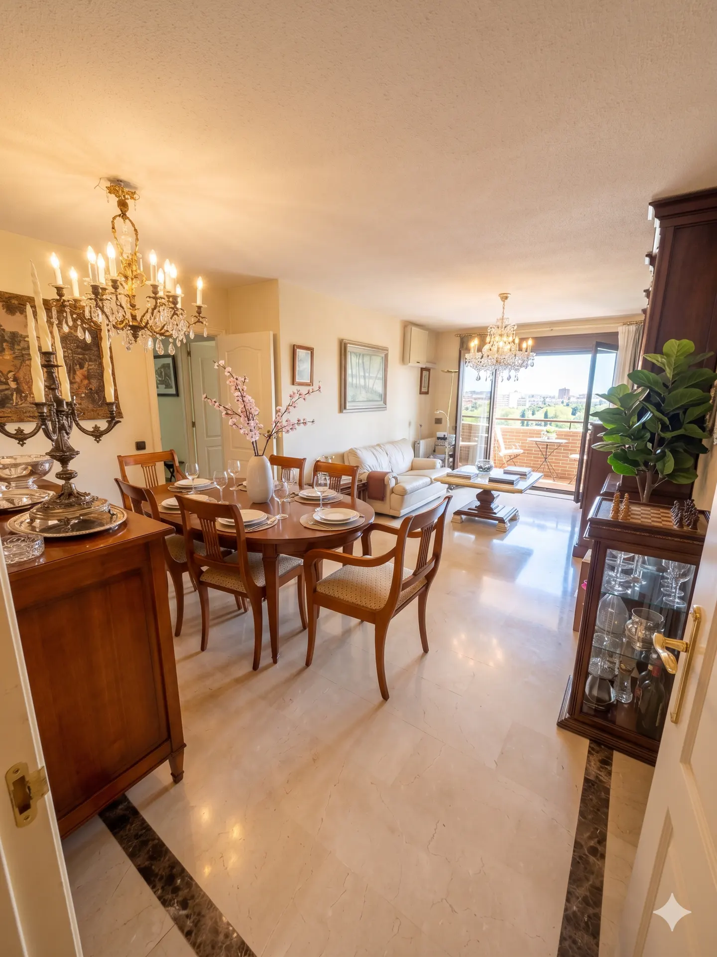 A wide shot of a dining and living room with a chandelier, table, chairs, and a balcony with a view.