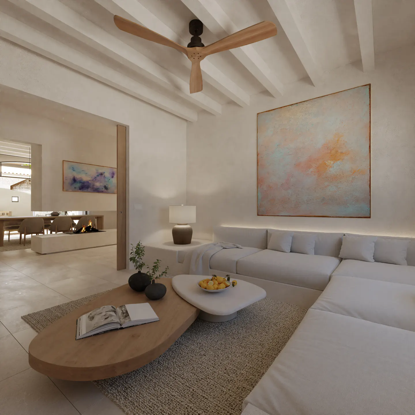Bright living room with white sectional sofa, abstract art, and wooden ceiling fan. A unique coffee table sits on a neutral rug.