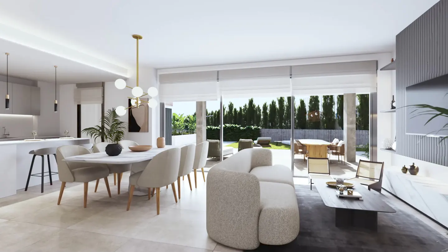 Open-concept living space with dining table, sofa, and outdoor view. Neutral tones, modern lighting, and sleek furniture create a stylish interior.
