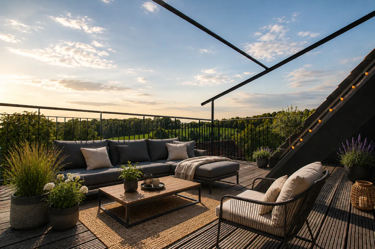 Outdoor living space with gray sofa, chair, and wood table on a deck overlooking a green landscape under a blue sky.