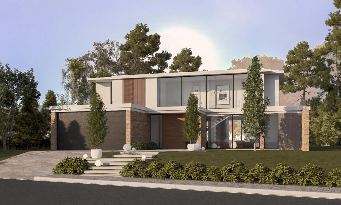 Modern two-story house with large windows, stone accents, and a two-car garage. Landscaped front yard with trees and shrubs.