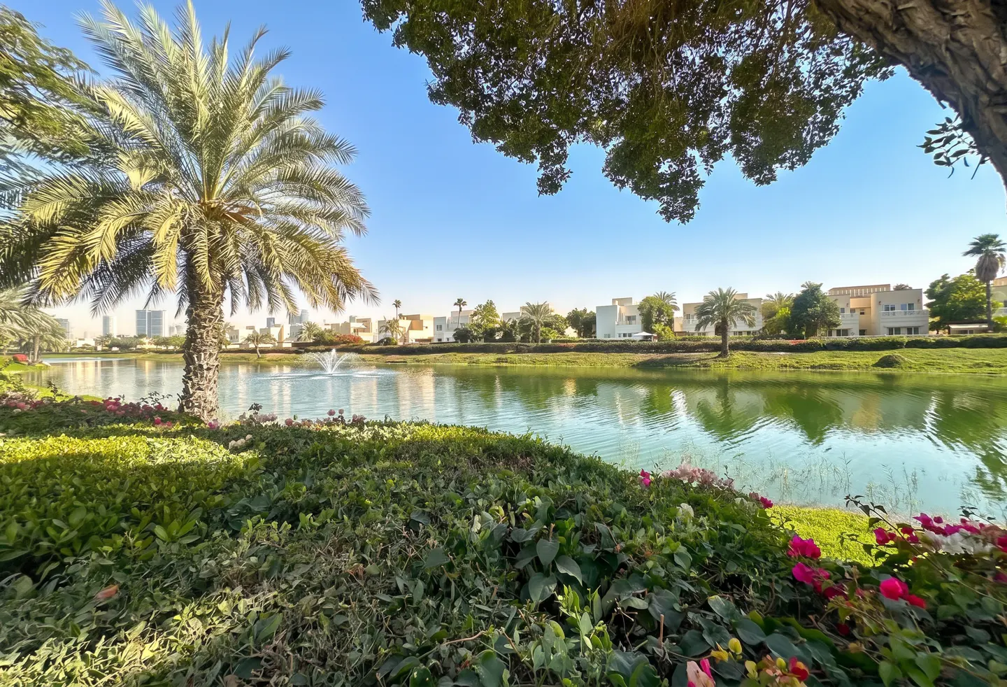 A scenic view of a calm lake with a fountain, surrounded by lush greenery, palm trees, and residential villas under a blue sky.