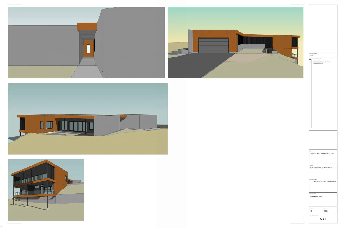 Architectural rendering of a modern house with gray and orange exterior walls and a large garage door.
