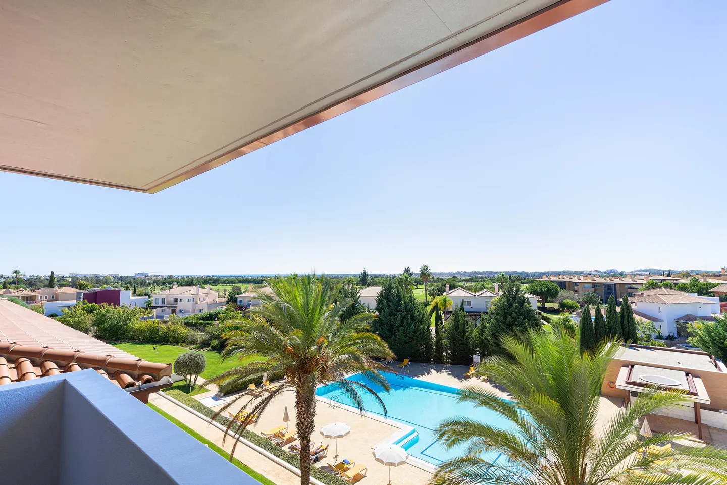 View from a balcony overlooking a blue swimming pool, palm trees, and houses under a clear blue sky.