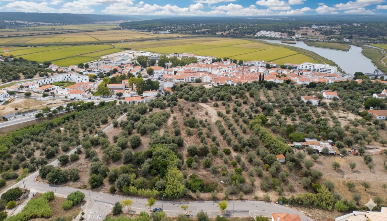 Aerial view of a hillside olive grove overlooking a town with white buildings, red roofs, and surrounding agricultural fields. [AI-generated text]