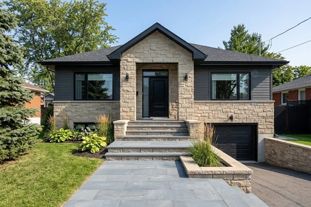 A two-story house with stone and gray siding, a black front door, and a gray stone walkway.