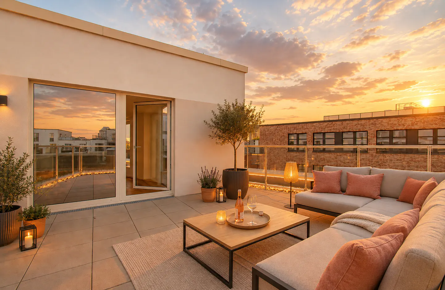 Modern rooftop terrace with beige sectional sofa, coffee table, potted plants, and sunset view over city buildings.