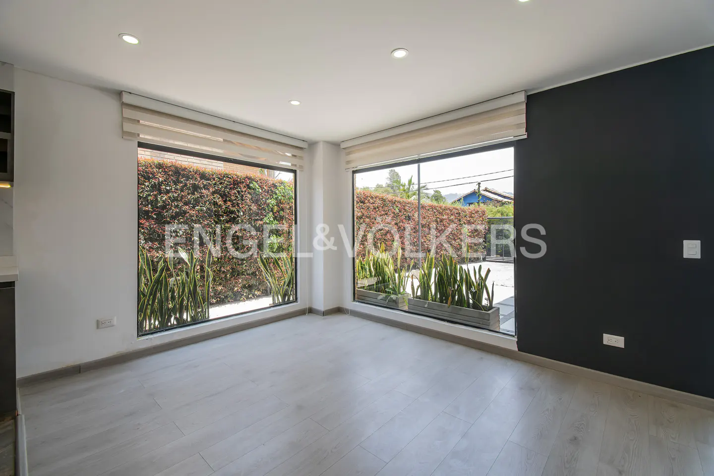 Bright room with gray wood floors, large windows showing green hedges and plants, and a dark gray accent wall.