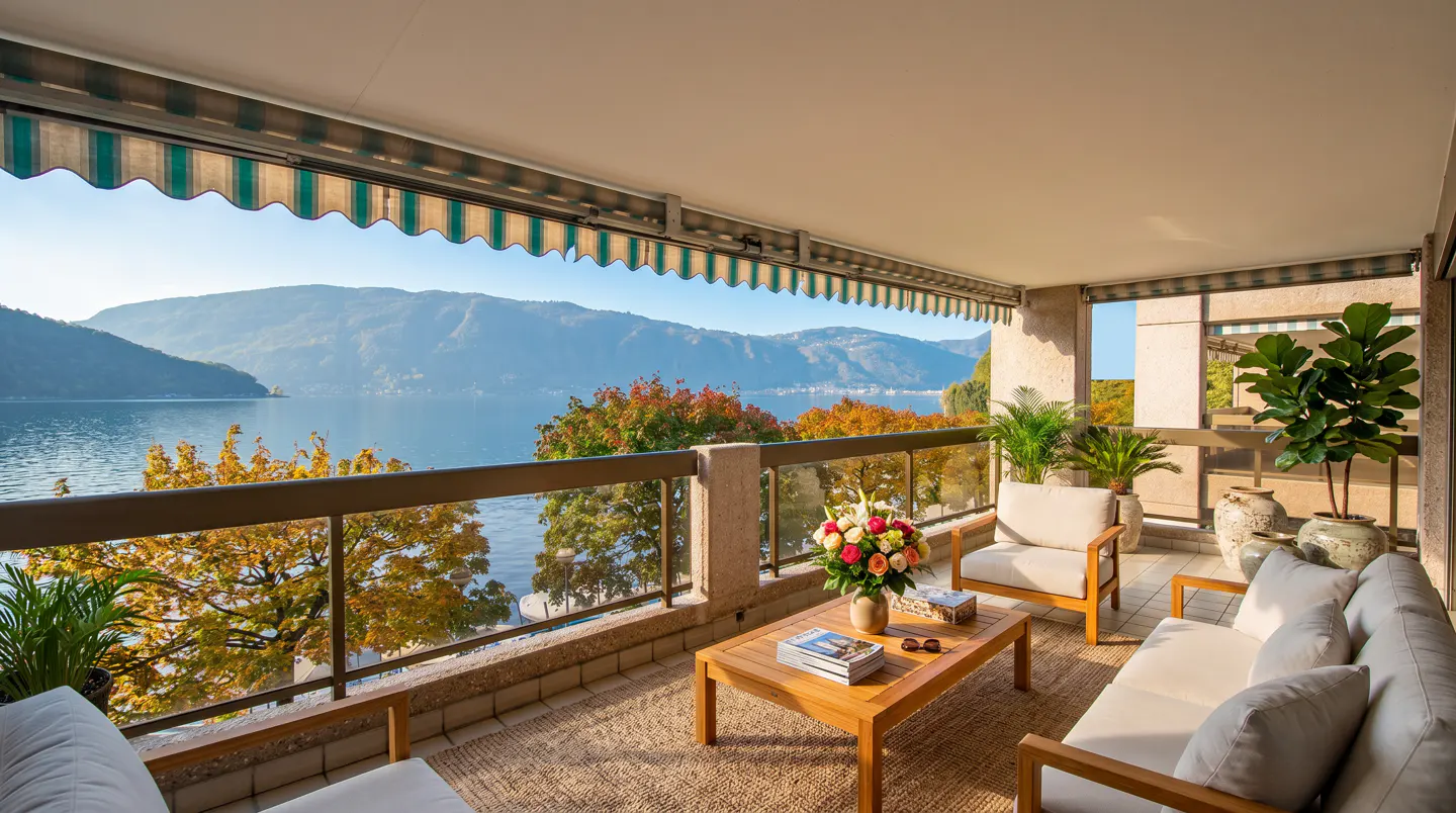 Balcony with lake view. White sofa and chairs surround a wood table with flowers. Awning above.