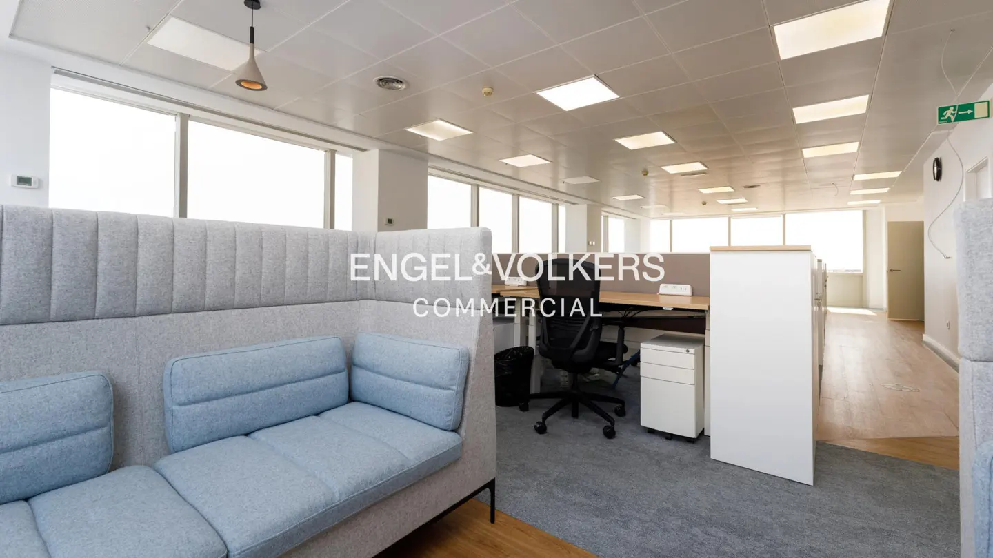Bright office space with a grey sofa, desks, and large windows. The floor is carpeted in grey, with wood flooring visible in the background.