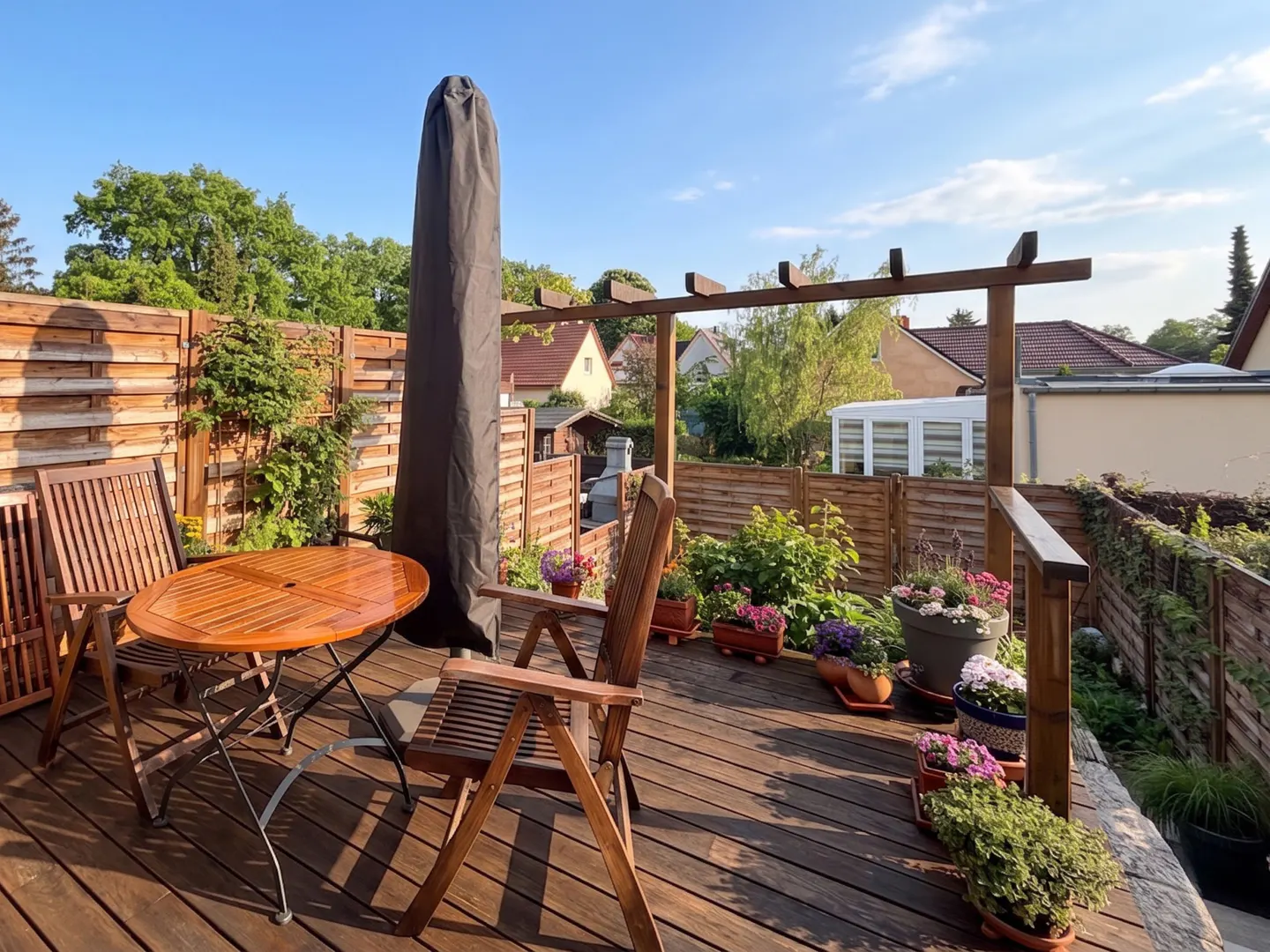 Wooden deck with table, chairs, and covered umbrella. Flowers in pots line the fence. Blue sky above.