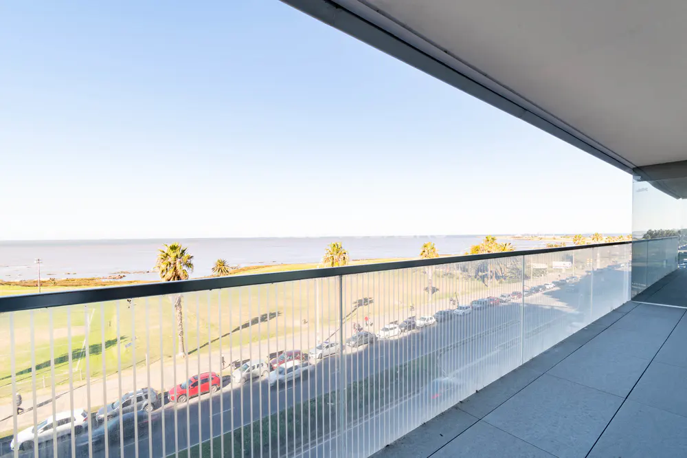 View from a balcony with a glass railing overlooking a road with parked cars, a green lawn, palm trees, and the ocean under a clear blue sky.