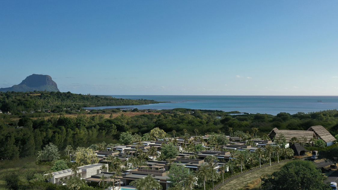 Aerial view of a tropical resort with modern villas, palm trees, and a thatched-roof building, set against a backdrop of green hills, blue ocean, and clear sky.