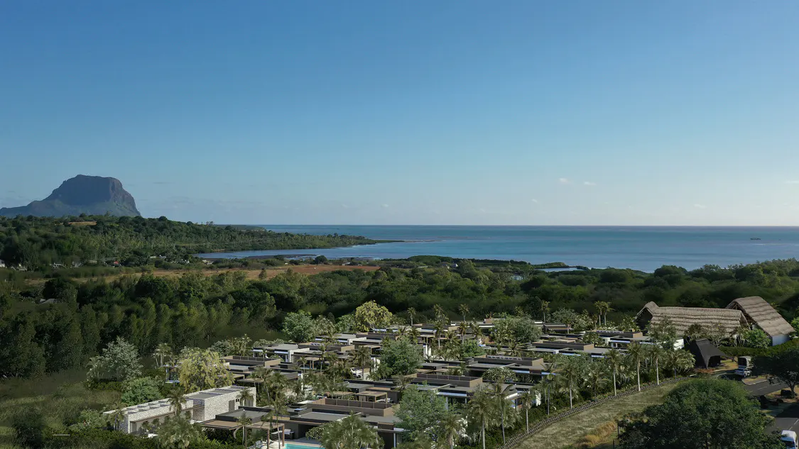 Aerial view of a tropical resort with modern villas, palm trees, and a thatched-roof building, set against a backdrop of green hills, blue ocean, and clear sky.