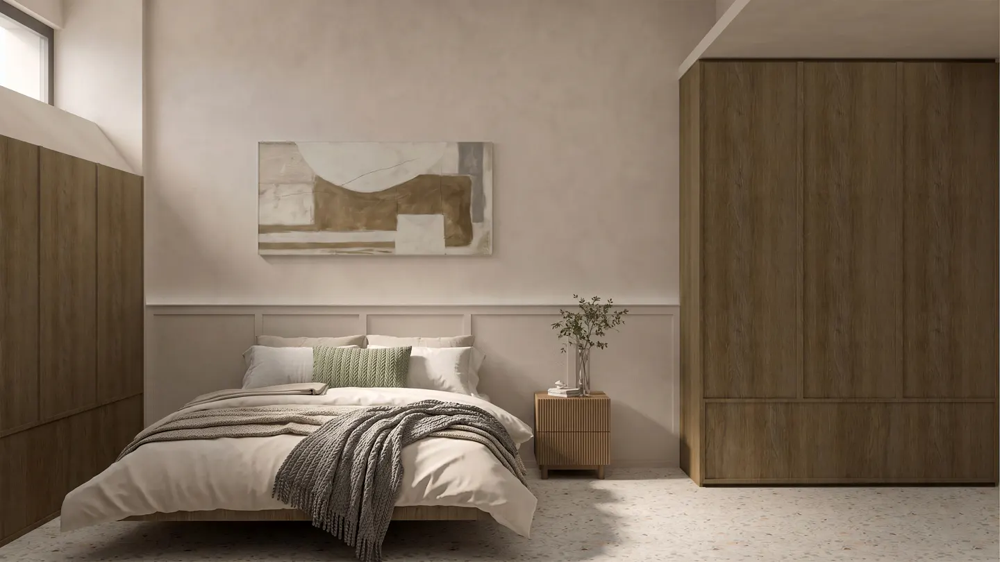 Bedroom with a bed, nightstand, and wardrobe. The walls are beige, and there is an abstract painting above the bed.
