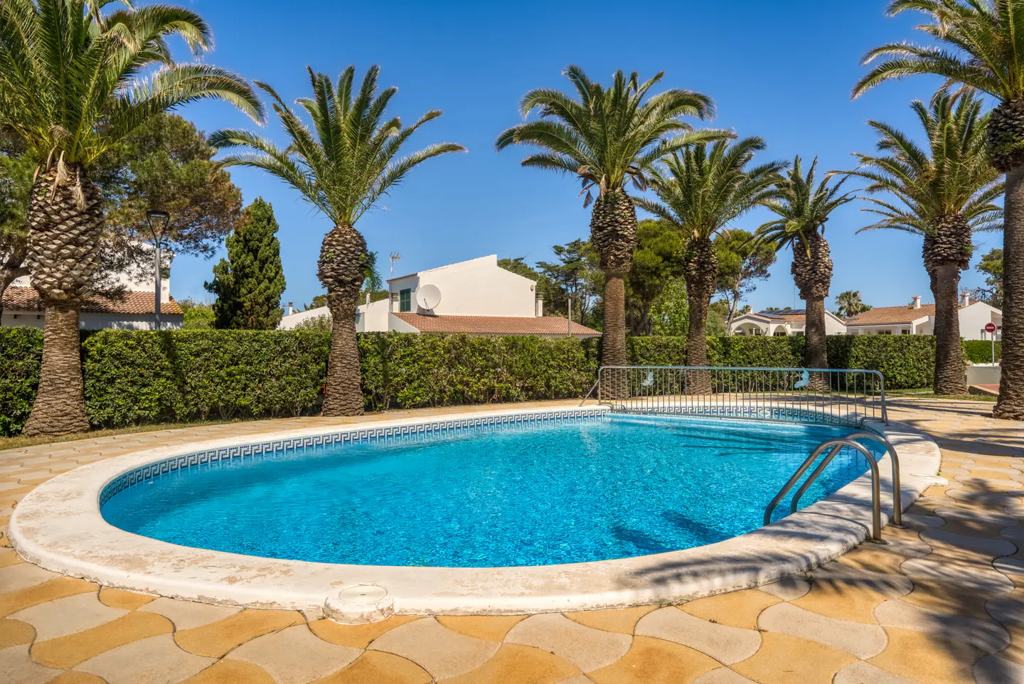 A bright blue swimming pool is surrounded by palm trees and a tiled patio on a sunny day.