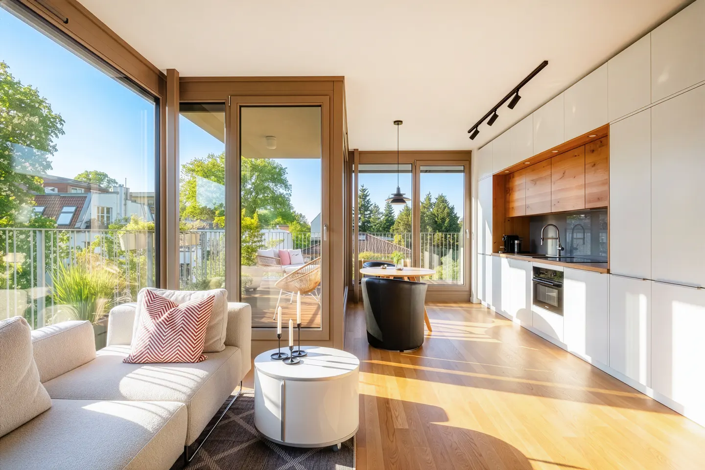 Modern open-plan kitchen and living area with floor-to-ceiling windows, white cabinets, wood accents, and a balcony view.