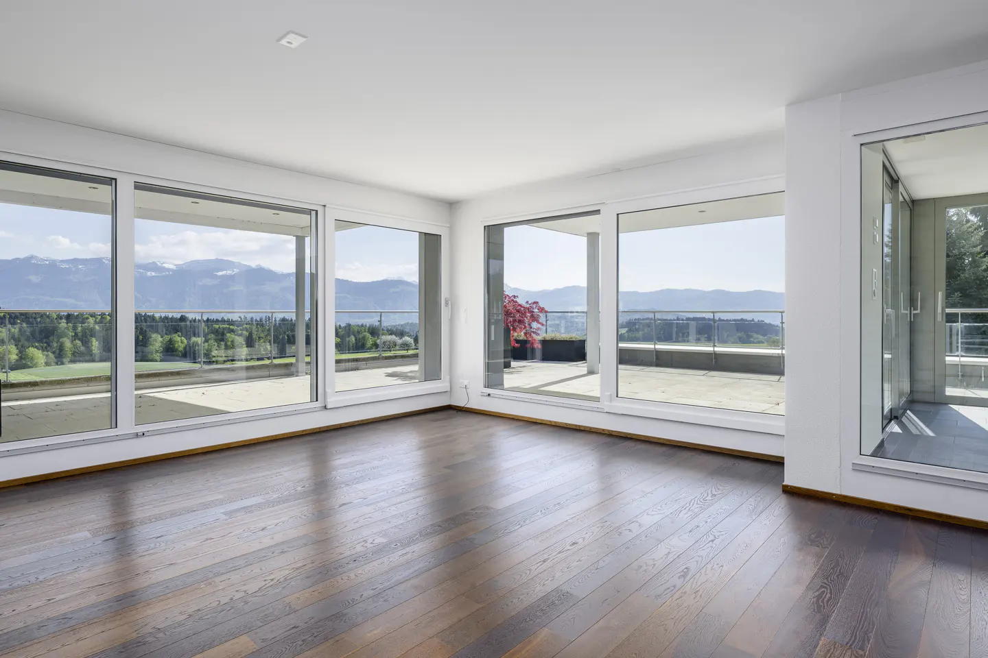 Bright, empty room with dark wood floors and white walls. Large windows offer a scenic view of mountains and greenery.