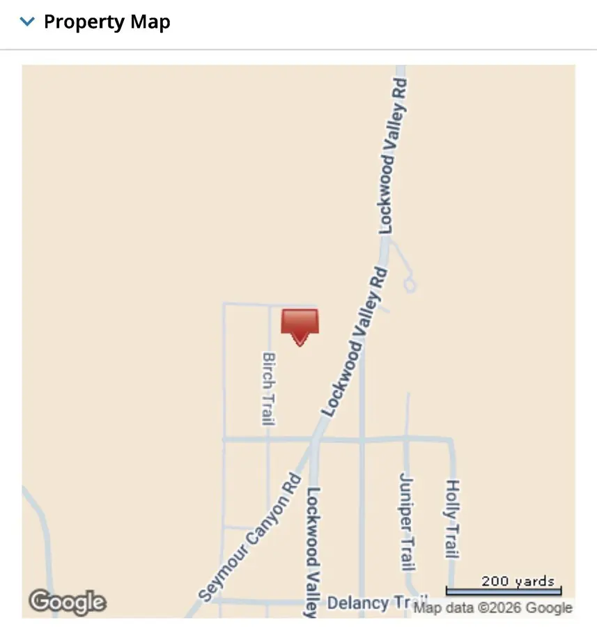 Map view of property location, marked with a red pin, near Lockwood Valley Rd and Birch Trail. Google map data.