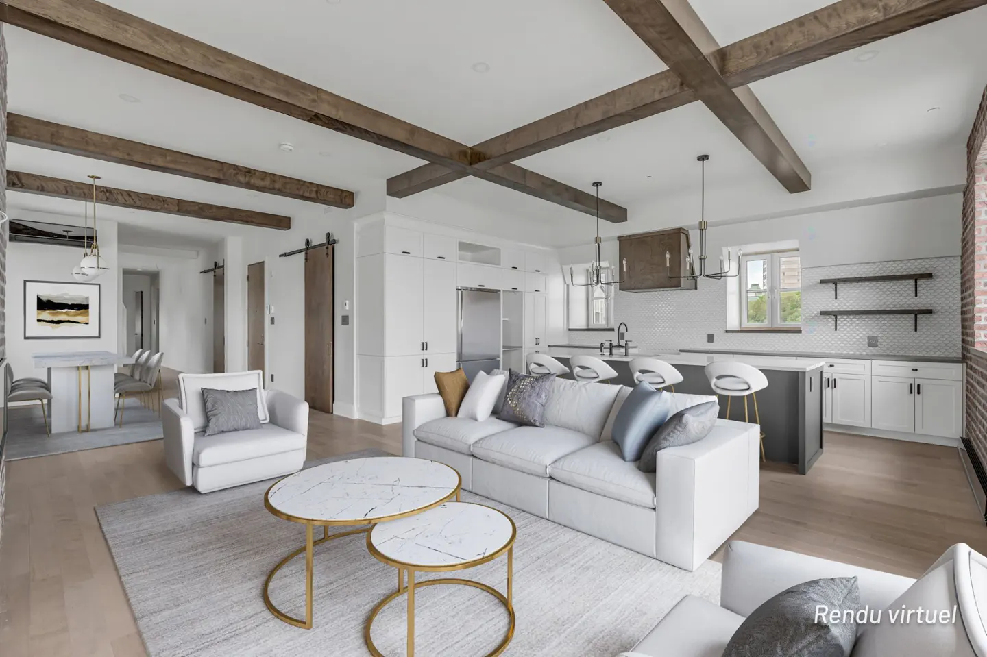 Bright, open-concept living space with white sofas, marble-topped tables, and a kitchen island with bar stools. Exposed wooden beams on the ceiling.