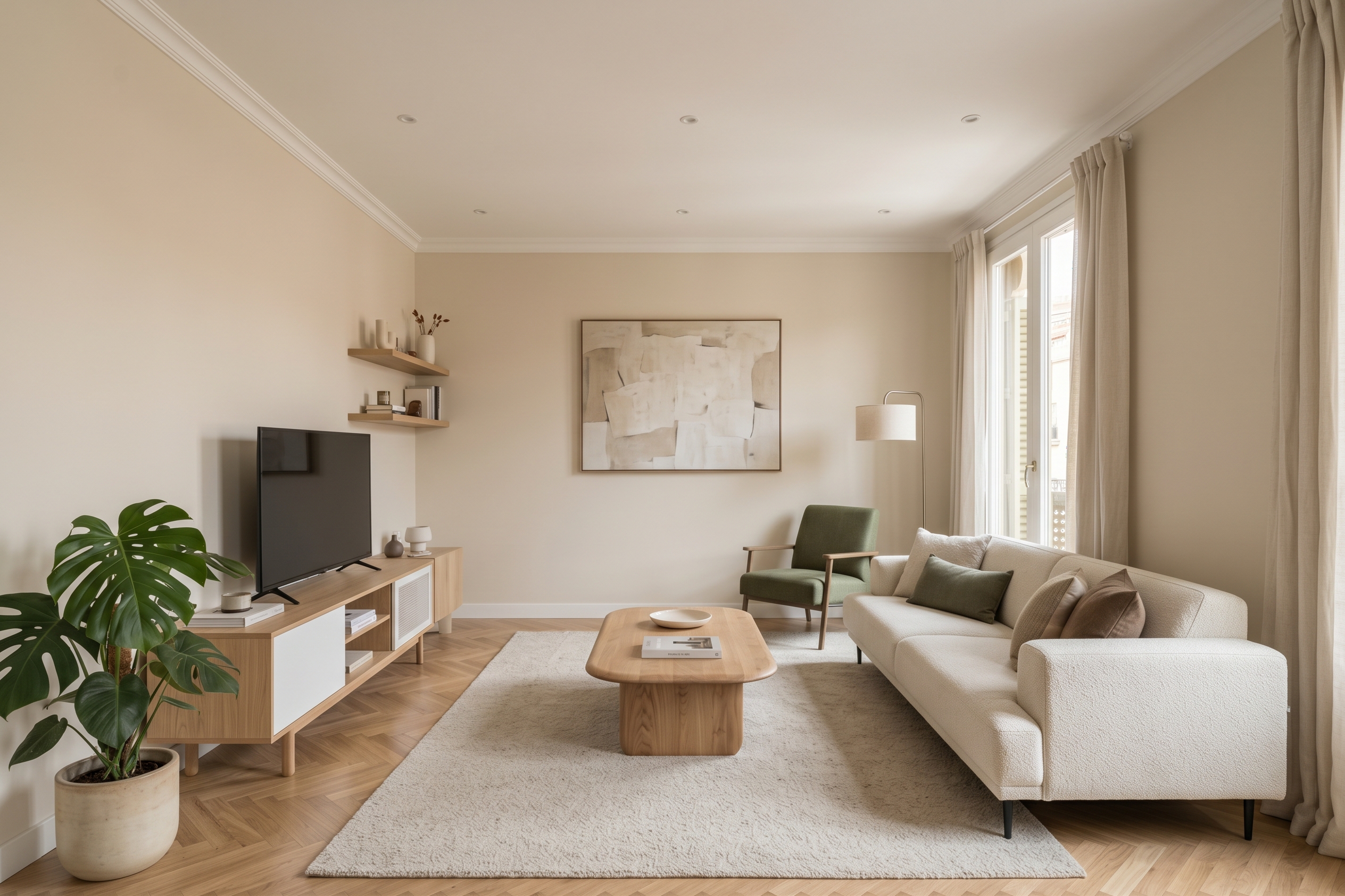 Modern living room with beige walls, white sofa, green armchair, wooden coffee table, TV console, and a large monstera plant. [AI-generated text]