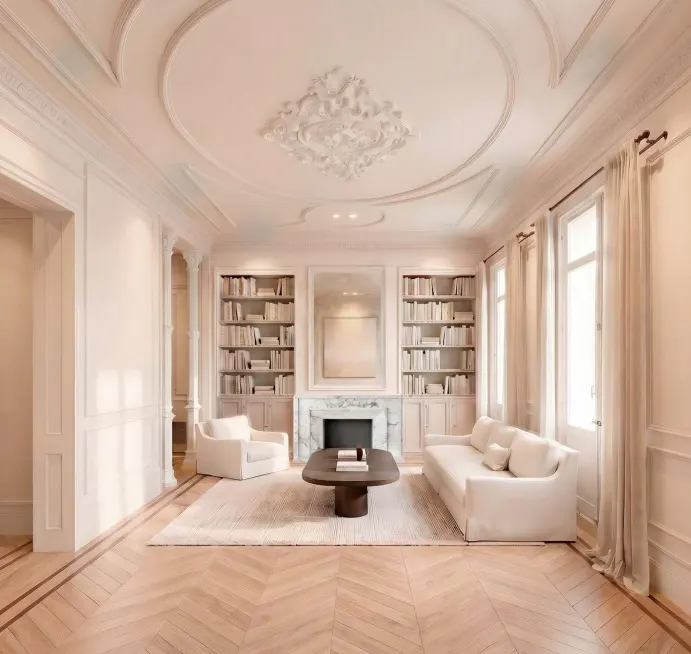 Bright living room with herringbone wood floors, white sofa and chair, fireplace, and bookshelves. Ornate ceiling detail.