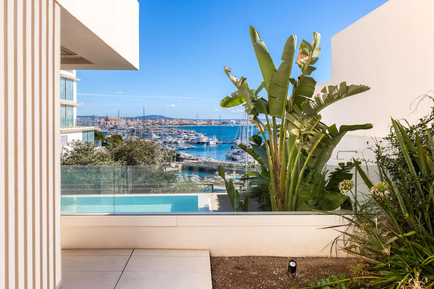 View from a modern white balcony with a pool overlooking a marina filled with yachts on a sunny day. Lush green plants frame the scene.