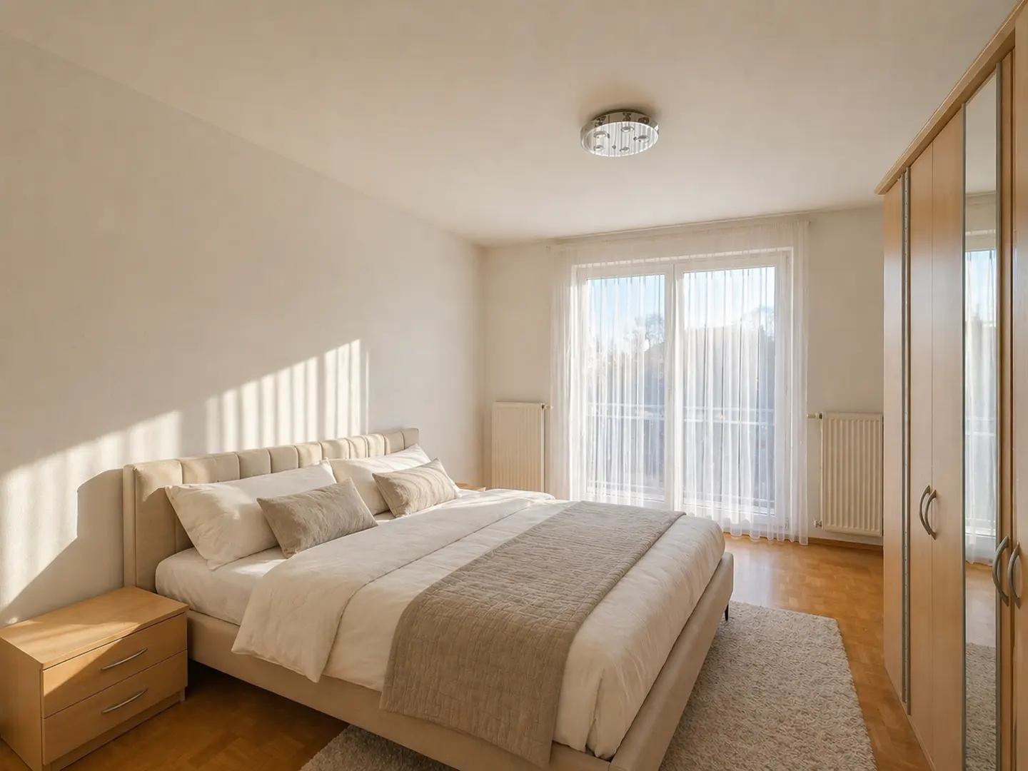 Bright bedroom with a beige upholstered bed, light wood wardrobe, and sheer curtains over a balcony door.