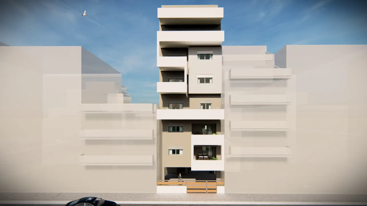 Modern apartment building with white balconies and gray accents, set against a blue sky with a plane.