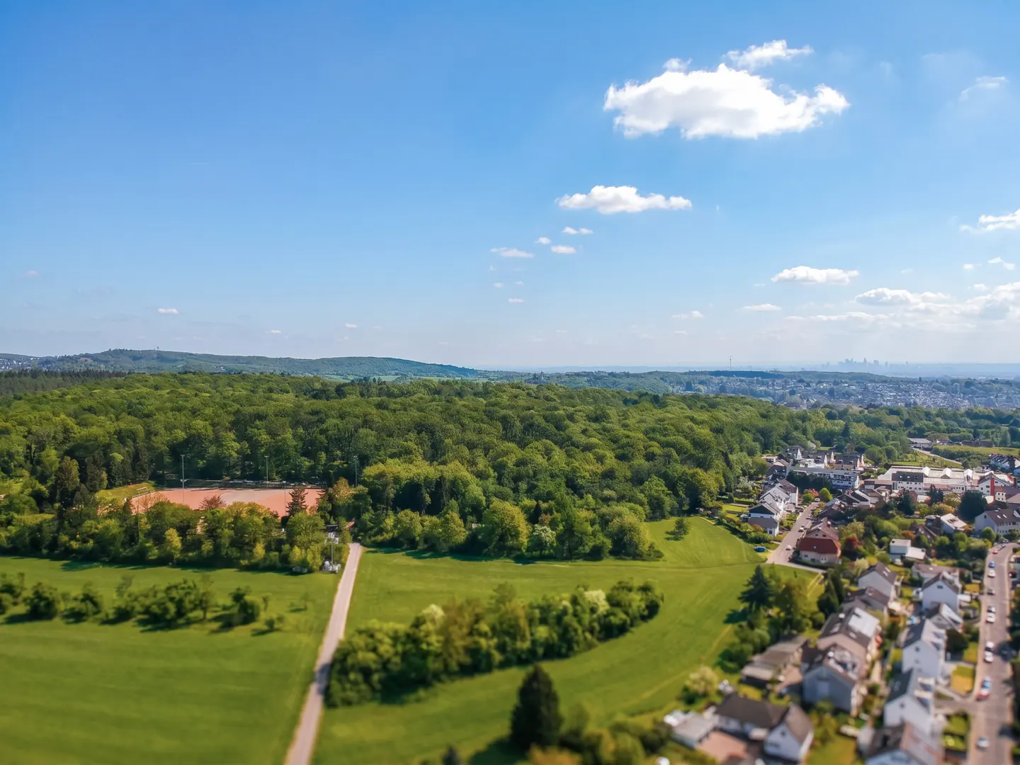 Aerial view of a neighborhood bordering a lush green forest under a blue sky with scattered clouds.