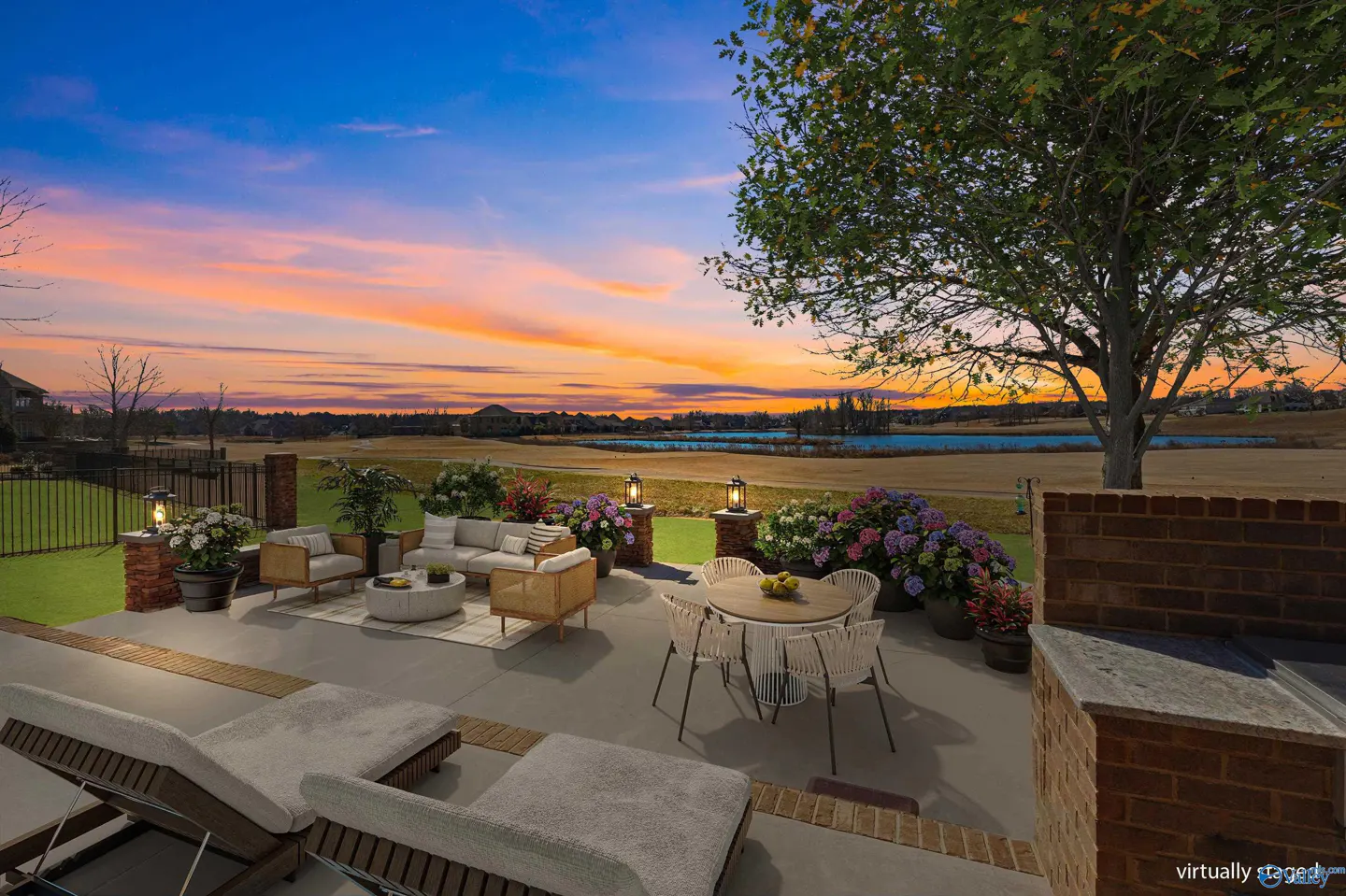 Outdoor patio with lounge chairs, sofa, table, and chairs overlooking a golf course and lake at sunset.