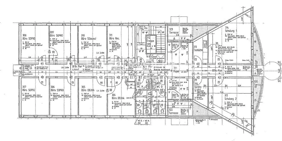 Black and white architectural floor plan of an office building with multiple rooms, hallways, restrooms, and terraces.