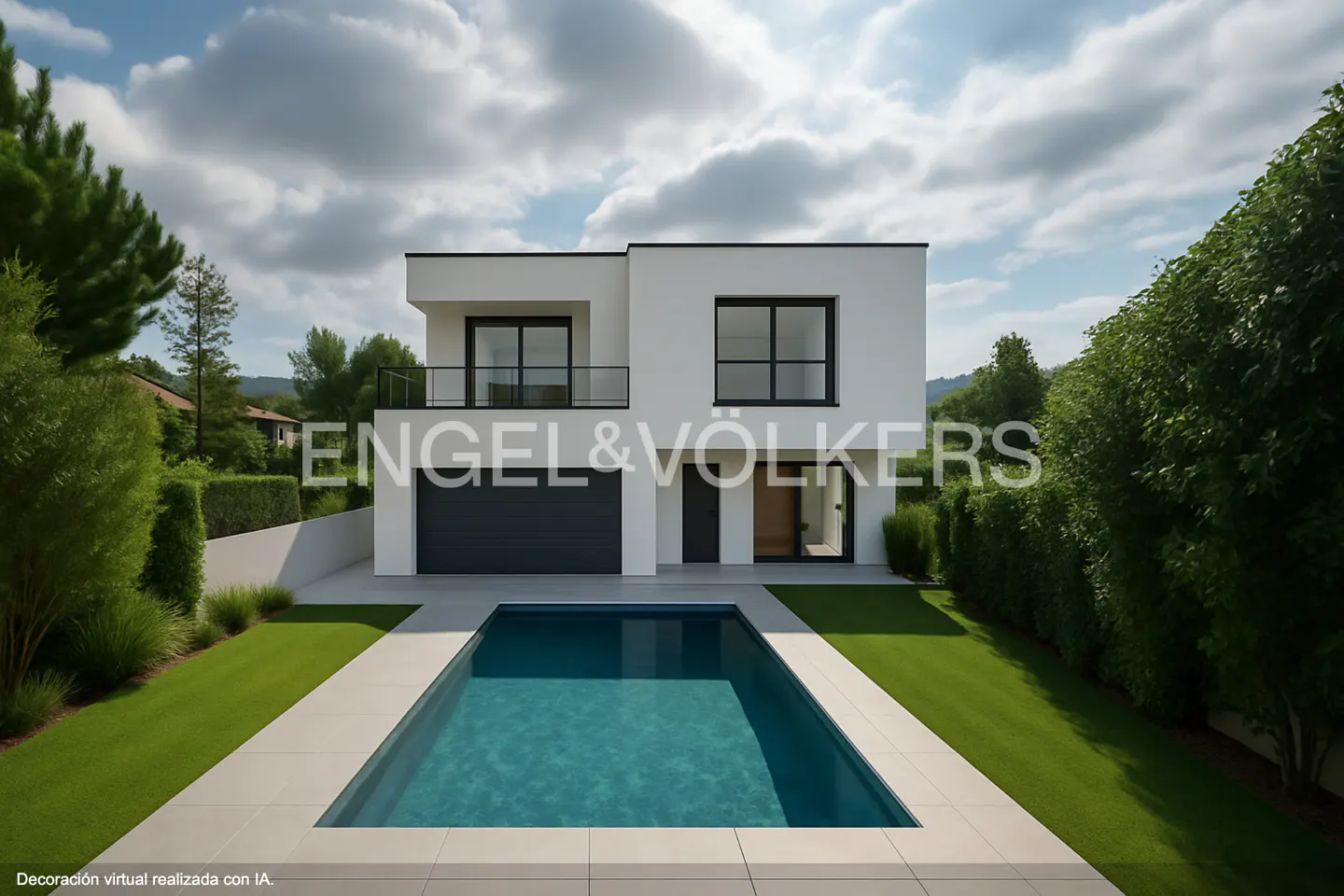 Modern two-story white house with a pool, green lawn, and trees under a cloudy sky. Engel & Völkers logo is superimposed.