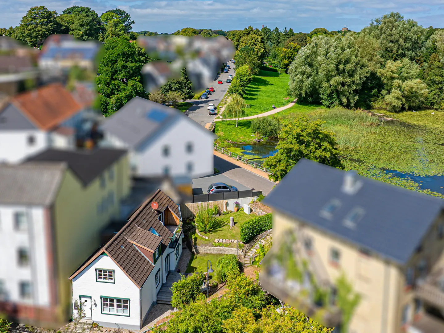 Aerial view of a quaint neighborhood with houses, a park, and a pond with lily pads.