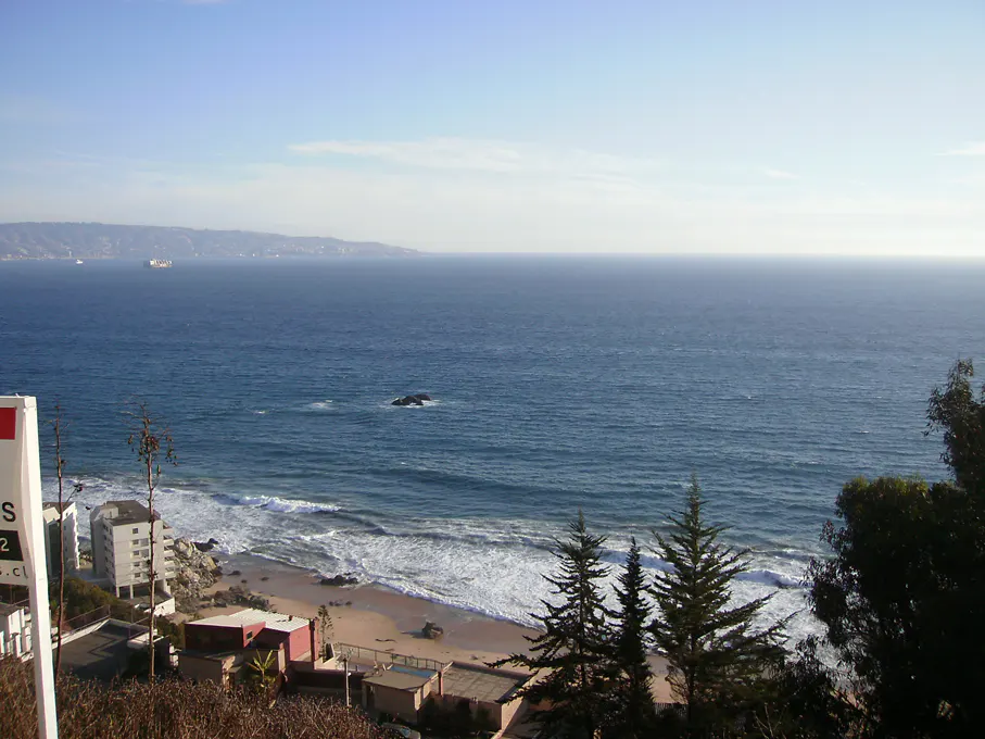 Ocean view from hillside with beach, buildings, and trees. Blue water stretches to the horizon under a bright sky.