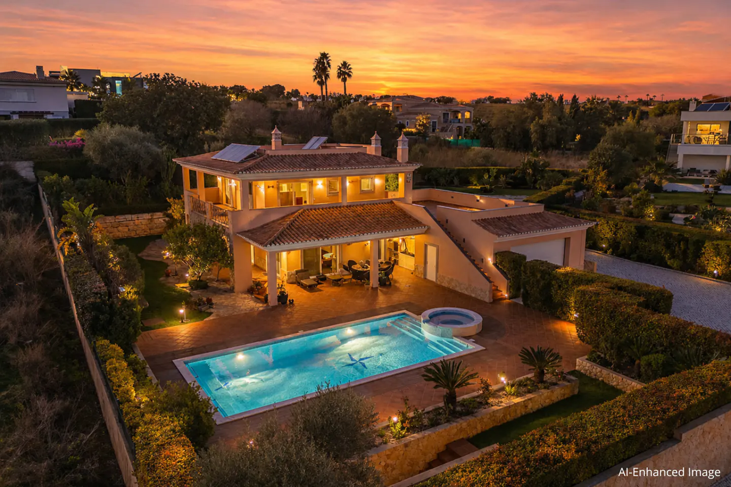 Two-story peach house with a red tile roof, pool, and manicured landscaping at sunset.