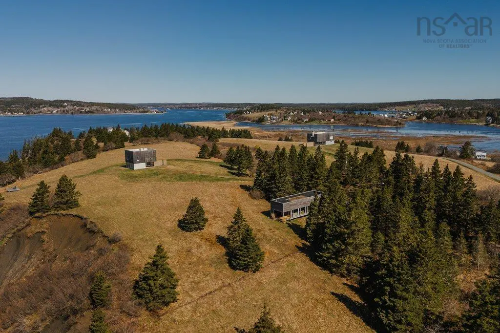 Aerial view of modern homes on a grassy hill with pine trees, overlooking a blue bay under a clear sky.