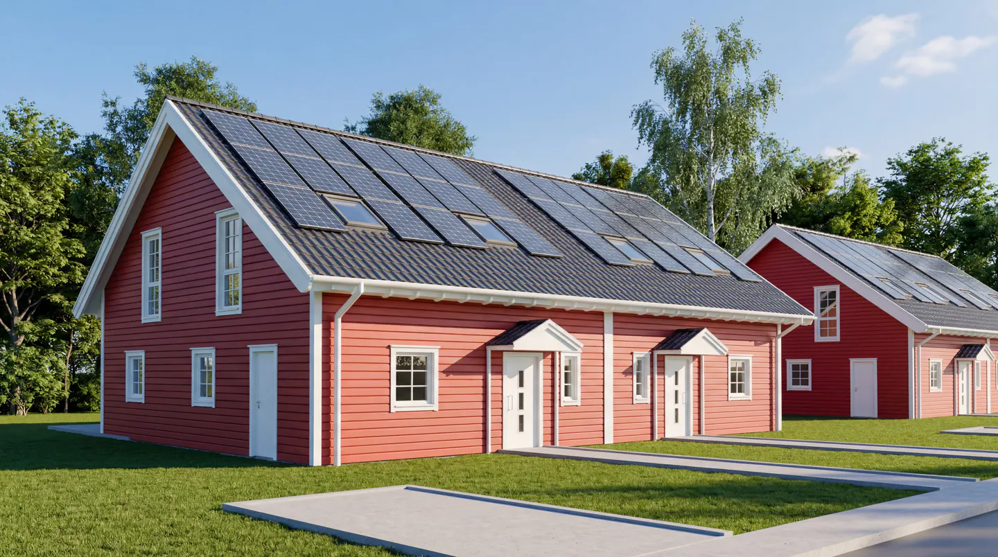 Red, two-story homes with solar panels on the roof, white trim, and green lawns under a blue sky.