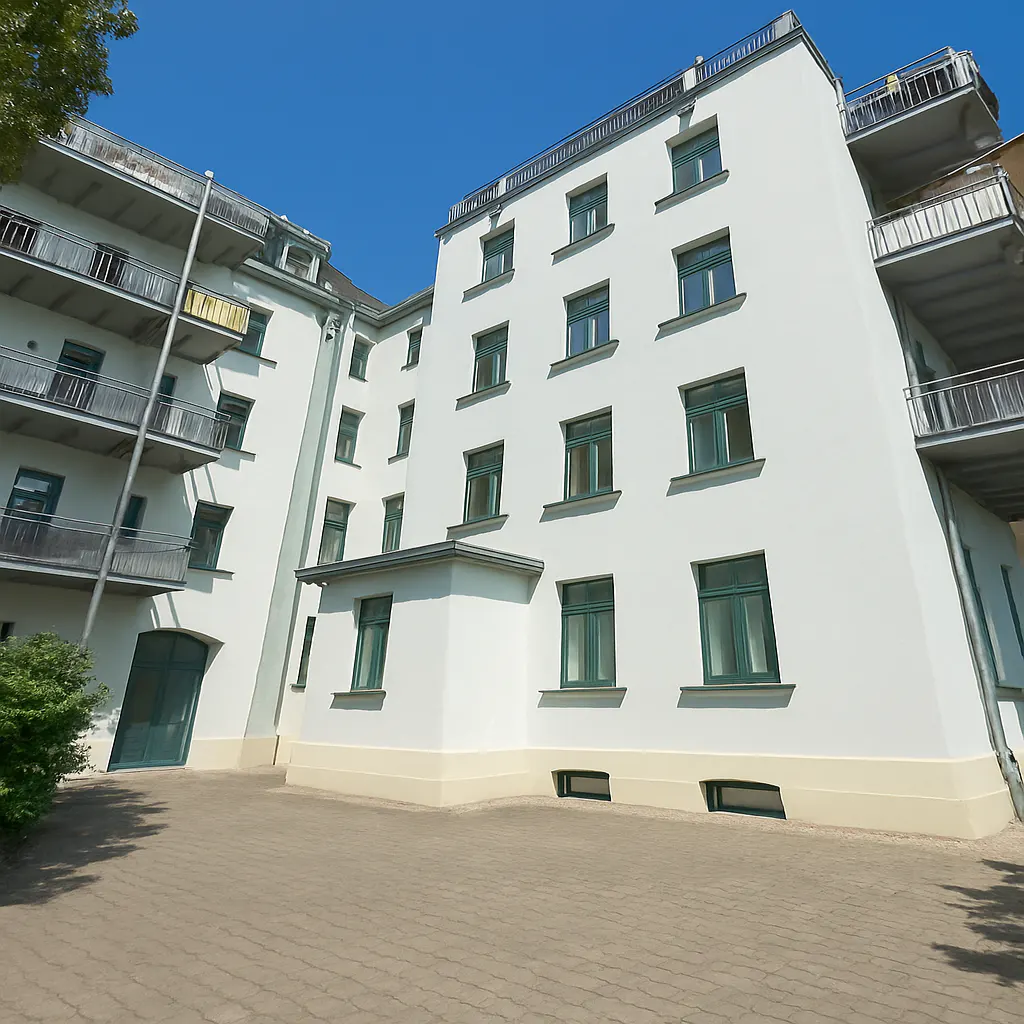 Exterior of a white apartment building with green window frames and balconies.