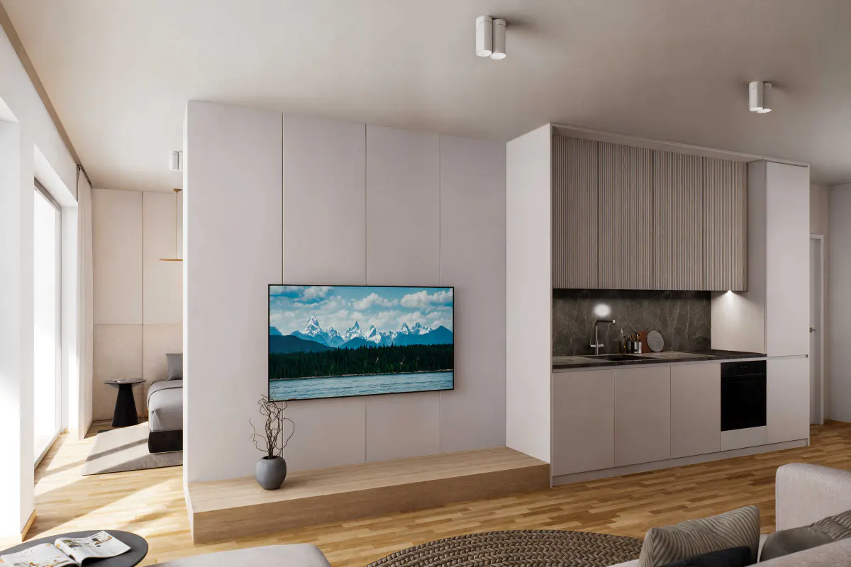 Modern apartment interior with a TV displaying a mountain landscape, a kitchen area, and a glimpse of a bedroom.