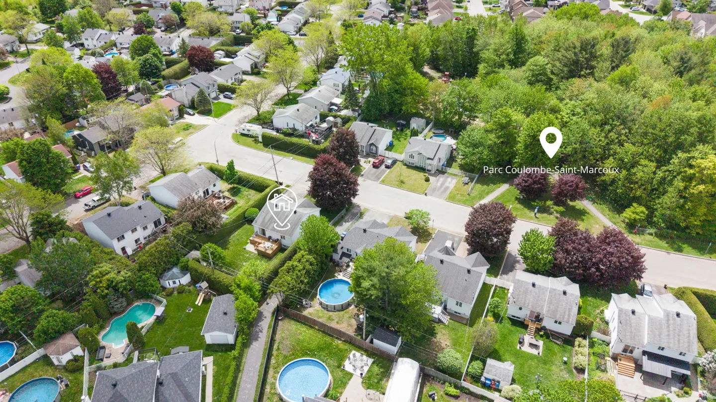 Aerial view of a residential neighborhood with houses, green trees, and blue pools. A house icon marks a property.