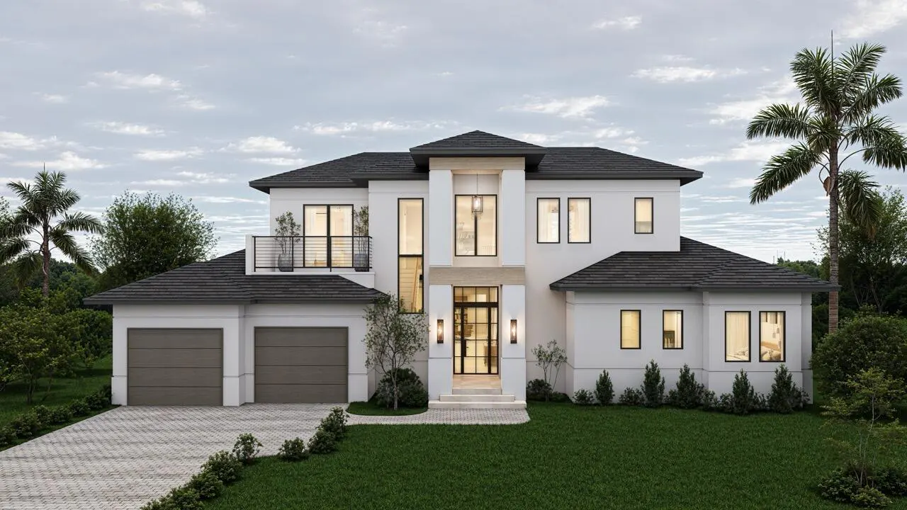 Two-story white house with a dark gray roof, two-car garage, balcony, and a green lawn.